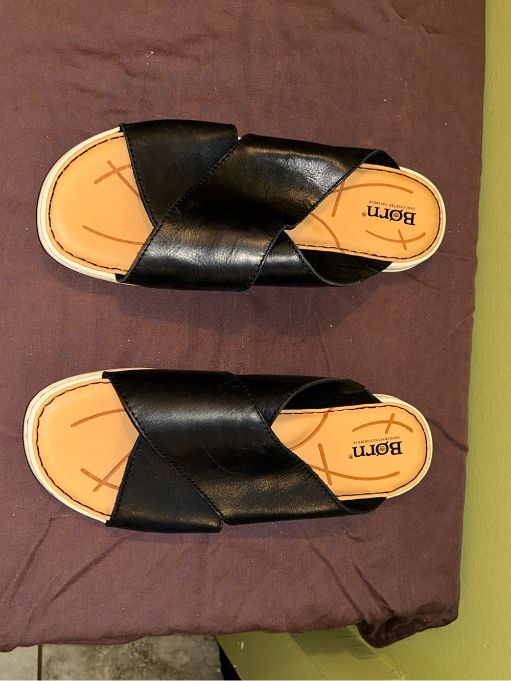 Born Black Leather Crisscross Slide Sandals with Tan Footbed